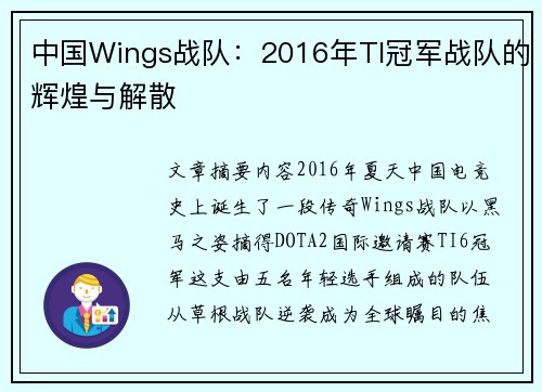 中国Wings战队：2016年TI冠军战队的辉煌与解散